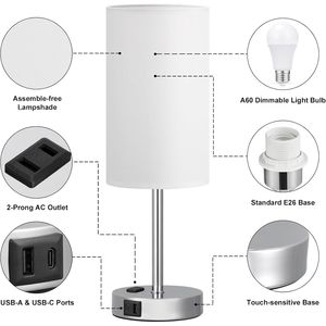 Lampada da Comodino Bianca Dimmerabile a 3 Modalità con Ricarica USB A+C, 17,4 Pollici, Include Presa AC - Product Image 4