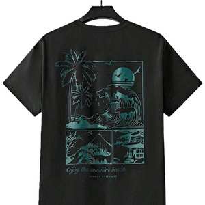 Hot Selling Mens Black T-Shirt <b>Set</b> With Teal Beach Print Crew Neck Casual Summer Wear Breathable <b>Knitted</b> Fabric Short Sleeve OEM - Product Image 3