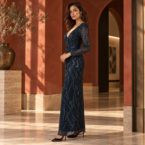 Robe de soirée bleu marine géométrique à perles avec décolleté en V profond |   Robe fourreau ajustée à manches transparentes pour les soirées et événements formels - Product Image 2