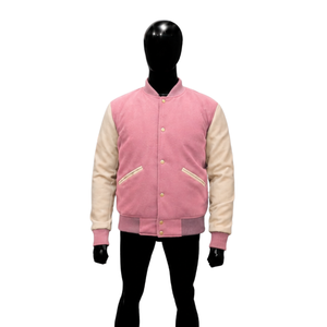 Chaqueta universitaria de lana rosa claro personalizada con mangas blancas crema para hombre, chaqueta bomber de béisbol Letterman premium al por mayor, clásica - Product Image 1