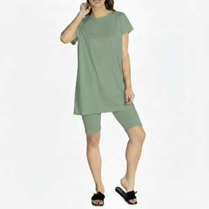 Women's Casual Sport 2 Piece Long Top Knee Length Bottom <b>Set</b> with Embroidery High Quality Summer Biker Short - Product Image 5