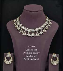 11008 Premium Quality Kundan Necklace Set With Earrings Mehandi Polish Cubic Zirconia stone For Wedding Party - Product Image 1