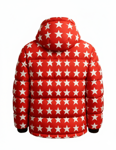 Blouson matelassé à capuche imprimé étoiles rouges pour homme – Manteau d'hiver chaud style streetwear – Vêtements d'extérieur personnalisés en gros - Product Image 5