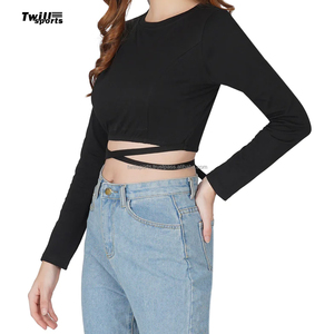 Women Slim Fit Breathable O Neck Crop <b>Tops</b> Tummy <b>Cross</b> Long Sleeve Quick Dry Eco-Friendly Spandex/Cotton Sport Tank <b>Top</b> for Yoga - Product Image 6