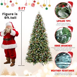 Albero di Natale Artificiale Preilluminato da 2,4 m con 600 Luci, Pigne Effetto Neve e Bacche Rosse, Materiale PE, 2851 Rami - Product Image 2