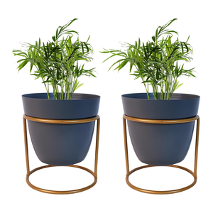 Juego de 2 Macetas de Metal Azul con Soportes de Hierro, Elegantes Macetas Elevadas para Decoración del Hogar Contemporáneo, Jardín Interior - Product Image 1