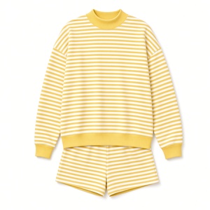 Ensemble deux pièces rayé en tricot : pull à col roulé et short décontracté coupe ample, idéal printemps-été, 100 % coton respirant - Product Image 2