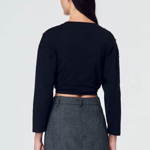 Women's <b>Black</b> Cropped <b>Long</b> Sleeve <b>T</b>-<b>Shirt</b> O-Neck Knitted 100% Cotton Slim Fit Minimalist Style All Seasons Wear - Product Image 1