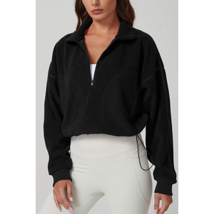2026 Latest Women's <b>Black</b> Fleece Half-Zip Oversized Sweatshirt Stand Collar Drop-Shoulder Full <b>Sleeve</b> <b>Short</b> <b>Crop</b> Winter Wear ODM - Product Image 5