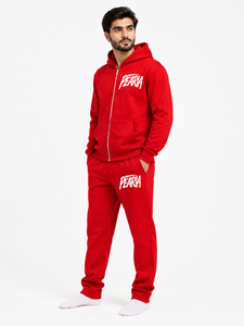 Ensemble de survêtement rouge pour homme, sweat à capuche zippé et pantalon de jogging en molleton uni, personnalisable avec logo ODM sur le devant, vêtements de sport décontractés pour l'hiver, coupe classique 350g - Product Image 6