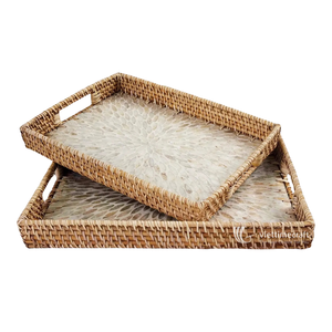 Premium Hand-Woven Bohemian Rattan Serving Tray Mother Pearl Inlay Rectangular Decorative Tray <b>Handle</b> Multi-Functional Home - Product Image 1