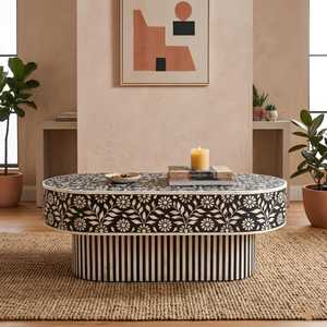 Modern Oval Coffee <b>Table</b> With Floral Inlay Design Handmade Wood Living Room Furniture Eclectic Style Center <b>Table</b> - Product Image 2
