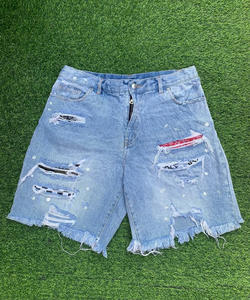 Pantalones Cortos de Mezclilla para Hombre, Estilo Vintage, con Apliques Bordados, Bajo Deshilachado, Estilo Urbano, Holgados, Lavado Ácido - Product Image 1