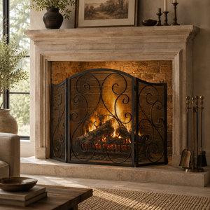 Protector de Chimenea Metálico con Diseño Barroco de Volutas, Paneles de Malla Plegables, Protector Decorativo Contra Chispas, Protector de Hogar Independiente - Product Image 1