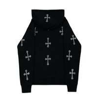 Sweat à capuche oversize d'hiver personnalisé avec fermeture éclair et strass, noir, style streetwear, design croix en cristal, veste de luxe hip-hop unisexe OEM