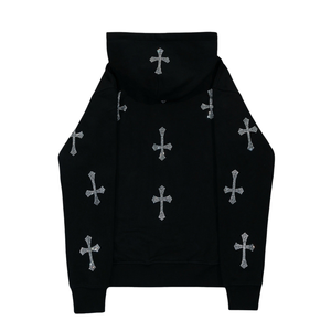 Custom <b>Rhinestone</b> Cross Zip Hoodie – Black Streetwear Hoodie with Crystal Cross Design, Luxury Hip Hop <b>Jacket</b>, Unisex, OEM Logo - Product Image 2