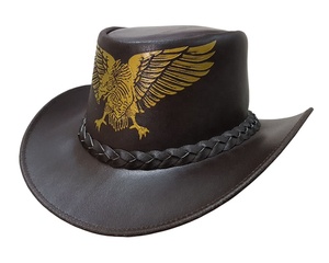 Sombrero de Vaquero de Cuero Marrón con Grabado de Águila Dorada, Ala Ancha, Banda Trenzada, Estilo Country Rodeo para Hombre - Product Image 1