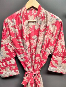 Robe kimono femme, florale, 100% coton, manches longues, col en V, ceinturée, vêtements de détente, vêtements de nuit, robe d'été, robe à motifs imprimés à la main - Product Image 1