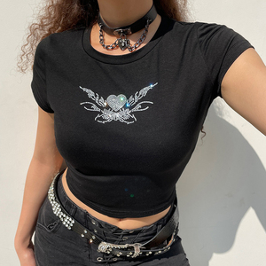 Camiseta Corta de Verano con Pedrería para Mujer, Estilo Urbano, Manga Corta, Cuello Redondo, Color Sólido, Alta Demanda - Product Image 1