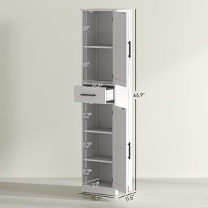 Mobiletto da Bagno in Lino Bianco Stile Rustico, Alto 67 Pollici, con Cassetti e Ante, Scaffali per Bagno - Product Image 3