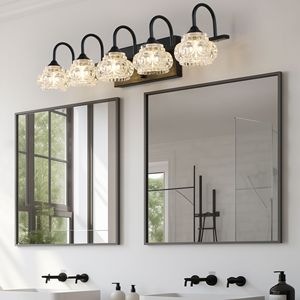 Lampada da parete retrò a 5 luci per bagno, 29 pollici, con finitura nera e paralumi in vetro cristallo - POW! - Product Image 2