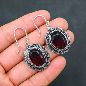 Customised <b>Red</b> Garnet LAB-CREATED 925 Sterling Silver <b>Earrings</b> 1.9" Handmade Gemstone Jewelry Antique Fine <b>Earring</b> Gift for Wome - Product Image 1
