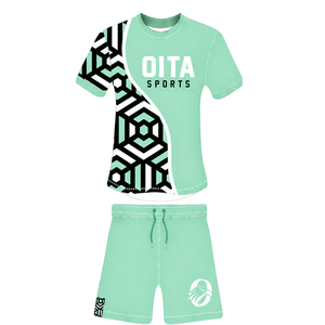 Ensemble short et maillot de rugby géométrique vert menthe, noir et blanc, à manches courtes, col rond, personnalisable, respirant, pour l'entraînement et les sports d'équipe - Product Image 1