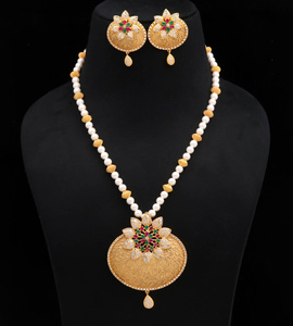 Traditional Rajwadi Pearl Necklace Set 22K Gold Plated Antique Gold Pendant Ruby Emerald Bridal Jewelry - Product Image 3