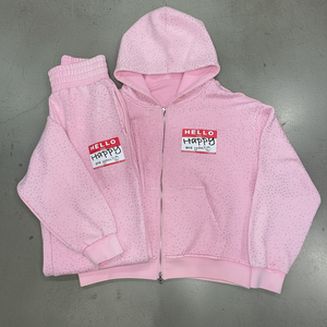 Women's <b>Pink</b> <b>Hoodie</b> Sweatpants Set Wholesale Casual Zip Up Tracksuit allover rhinestone front printed logo - Product Image 1