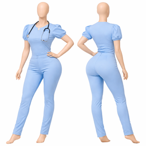 Mono de trabajo OEM para mujer, manga corta, con logo personalizado, uniforme para hospital, salón de belleza, enfermera, tela Oxford, con aguja - Product Image 2