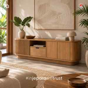 Meuble TV scandinave KLOPS en teck massif avec portes cannelées, console multimédia, meuble de rangement pour salon, hôtel, villa - Product Image 1