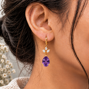 Boucles d'oreilles pendantes en laiton plaqué or, forme goutte d'eau, avec zircon violet en forme de poire, pour mariage, fête ou cadeau - Product Image 1