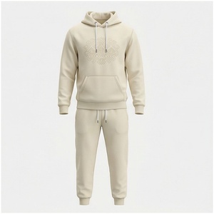 Ensemble de survêtement beige à capuche pour homme, manches longues, motif géométrique, coupe décontractée, vêtement d'automne, 100 % coton respirant - Product Image 1
