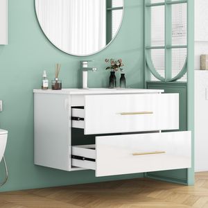 30-Inch White Gloss Wall-Mounted <b>Bathroom</b> <b>Vanity</b> with Double Drawers Ceramic Sink Long Metal Handle Easy Installation - Product Image 3