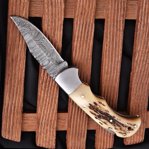 Cuchillo Plegable de Acero de Damasco Hecho a Mano, Modelo FH-160 de Viking Art, con Mango de Cuerno de Ciervo, para Caza, Deportes al Aire Libre y Camping - Product Image 2