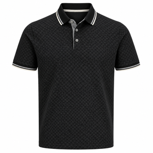 TESSUTO Men's Knitted Jersey <b>Polo</b> <b>Shirt</b> 100% Cotton Black Geometric Jacquard Short Sleeve Tipped Collar Smart Casual - Product Image 1