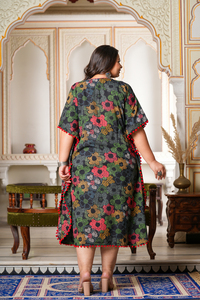 Wholesale Plus Size Cambric Cotton Geometrical Printed <b>Kaftan</b> Kimono Sleeve V Neck Women Multi Color Loungewear - Product Image 5