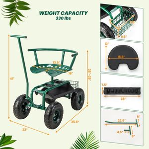 Carrello da Giardino con Sedile Girevole Regolabile in Altezza e Cestino Portaoggetti - Product Image 5