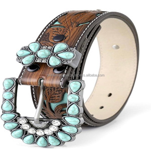 Customized Turquoise Hand Carving Full Grain Tan Brown Western Leather <b>Tooling</b> <b>Belt</b> for Men and Women with Beaded Buckle - Product Image 2