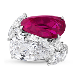 Women 18K Solid <b>Gold</b> <b>Cocktail</b> <b>Ring</b> With Pear Cut Ruby And Diamond Luxury Fine Jewelry - Product Image 3