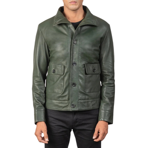 <b>Men</b>’s Dark Olive Green Genuine Leather <b>Field</b> <b>Jacket</b> Stand Collar Multi Pocket Full Zip Premium Casual Outerwear - Product Image 1