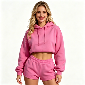 Ensemble sweat-shirt court rose à col ras du cou, coupe classique, en molleton, manches courtes, short assorti, unisexe, hiver, 100% coton - Product Image 4