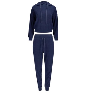 Conjunto de Sudadera con Capucha de Forro Polar Azul Marino para Mujer Tallas Grandes, Estilo Casual de Primavera, Ajuste Regular, Color Sólido, Manga Larga, Solo con Cordón - Product Image 1