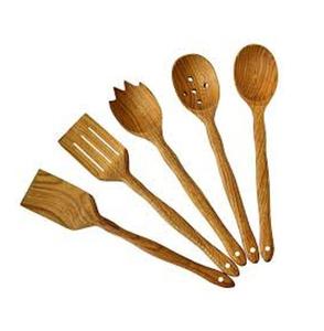 Ensemble d'ustensiles de cuisine en bois 5 pièces : spatule, cuillère ajourée, louche, cuillère de service, outils de mélange - Product Image 1