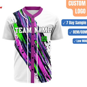 Maillot de baseball personnalisé sublimé rose et violet avec effet éclaboussures de peinture, nom et numéro d'équipe, vente en gros - Product Image 1