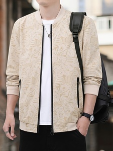 Blouson bomber beige à imprimé floral pour homme, col montant, fermeture éclair, style décontracté, idéal pour le printemps, en polyester - Product Image 3