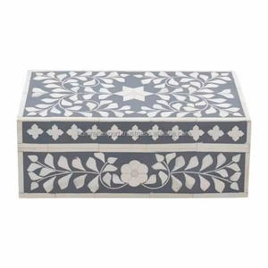 Joyero con incrustaciones de hueso gris ecológico con forma de rectángulo de diseño floral para regalos de mujer y uso doméstico - Product Image 2