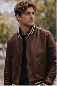 Blouson aviateur en cuir marron pour homme, style vintage, col rabattu, fermeture boutonnée, coupe classique, pour l'automne - Product Image 4