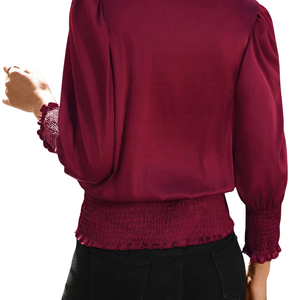 เสื้อผู้หญิงแขนยาวผ้าโพลีเอสเตอร์สีพื้น คอทรงโอ จับสม็อคที่เอวและข้อมือ ดีไซน์หรูหรา ทรงหลวม สวมใส่สบาย เหมาะสำหรับใส่ทำงาน ไม่เป็นขุย ทันสมัย - Product Image 2