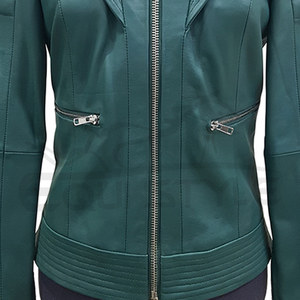 Veste moto élégante pour femme en toile et cuir d'agneau vert myrte, manches matelassées, fermeture éclair intégrale, imperméable, coupe-vent, automne-hiver - Product Image 6
